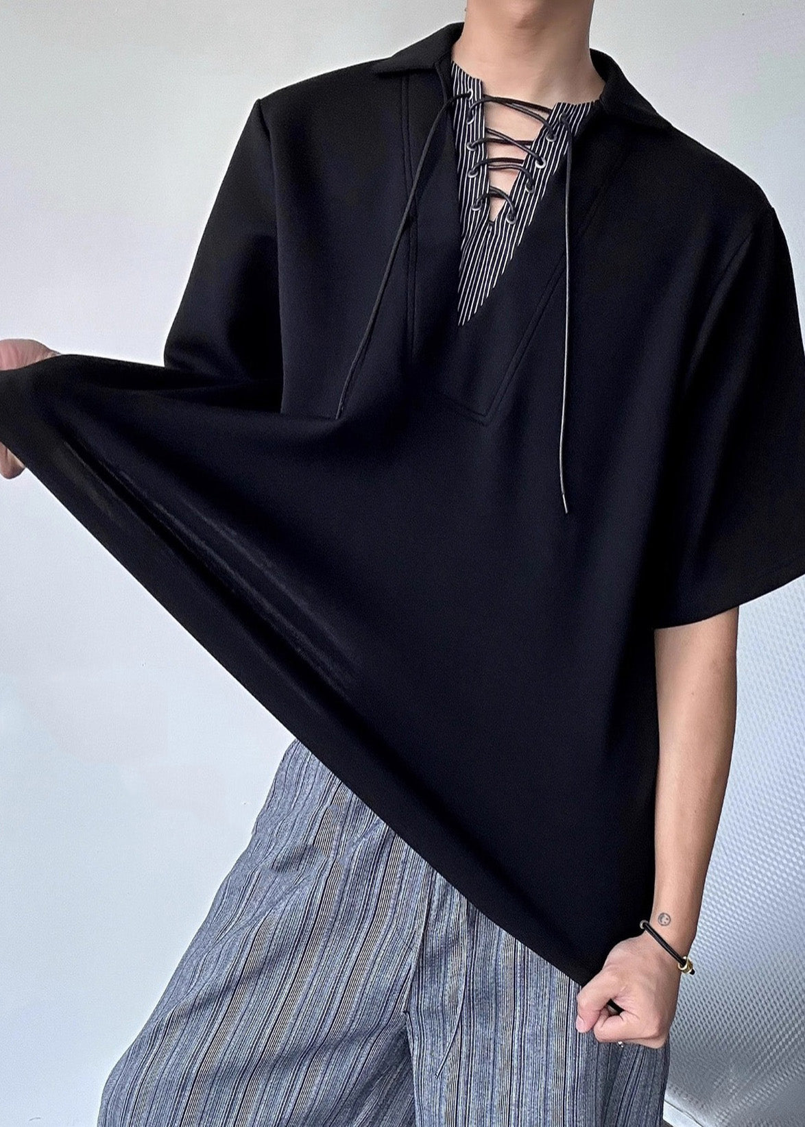 Art Black Peter Pan Collar Patchwork Cotton Shirt Summer