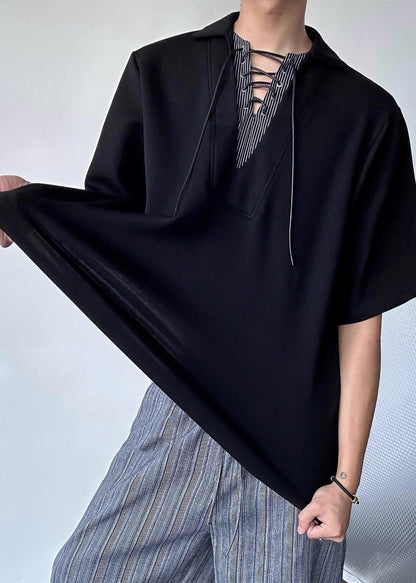 Art Black Peter Pan Collar Patchwork Cotton Shirt Summer