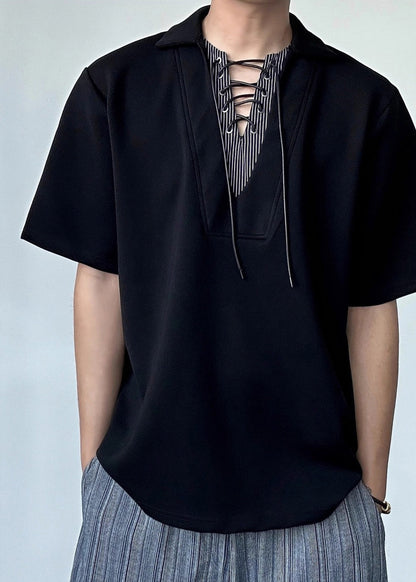 Art Black Peter Pan Collar Patchwork Cotton Shirt Summer