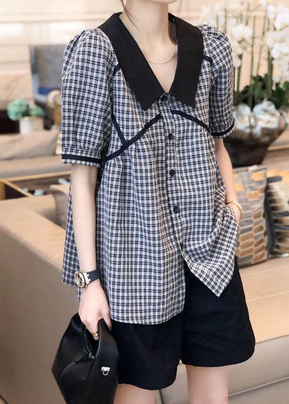 Art Schwarz Peter Pan Kragen Plaid Shirts Kurzarm