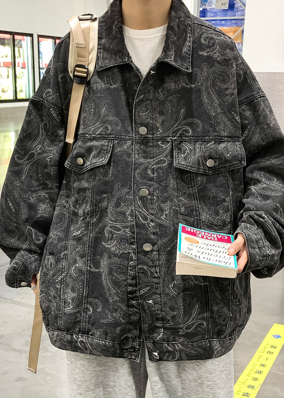 Art Black Peter Pan Collar Print Button Denim Men Coat Fall