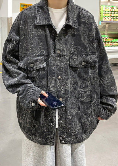 Art Black Peter Pan Collar Print Button Denim Men Coat Fall