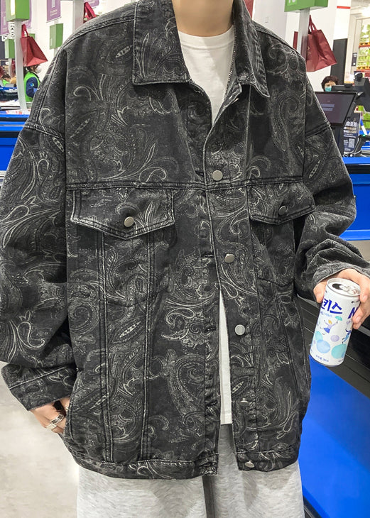 Art Black Peter Pan Collar Print Button Denim Men Coat Fall