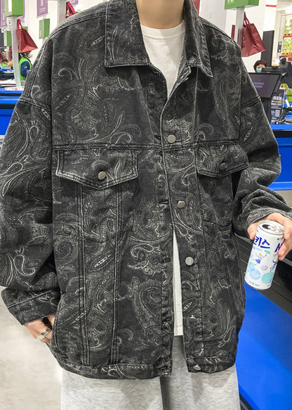 Art Black Peter Pan Collar Print Button Denim Men Coat Fall