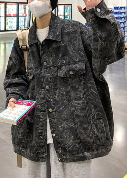 Art Black Peter Pan Collar Print Button Denim Men Coat Fall