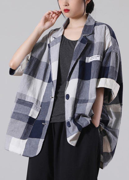 Art Black Plaid Cotton Linen Summer Coat - SooLinen