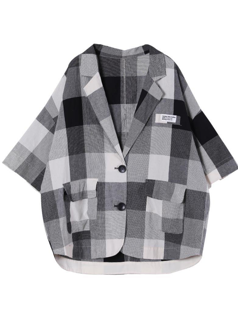 Art Black Plaid Cotton Linen Summer Coat - SooLinen