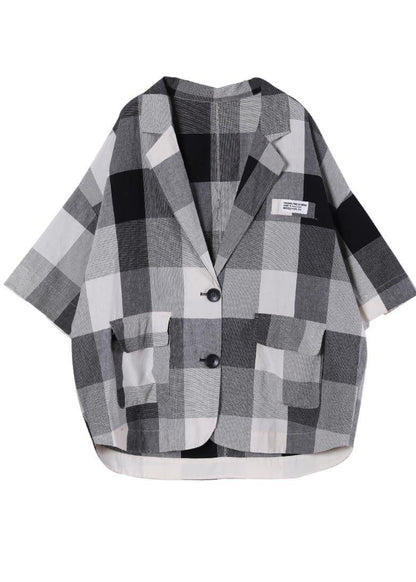 Art Black Plaid Cotton Linen Summer Coat - SooLinen