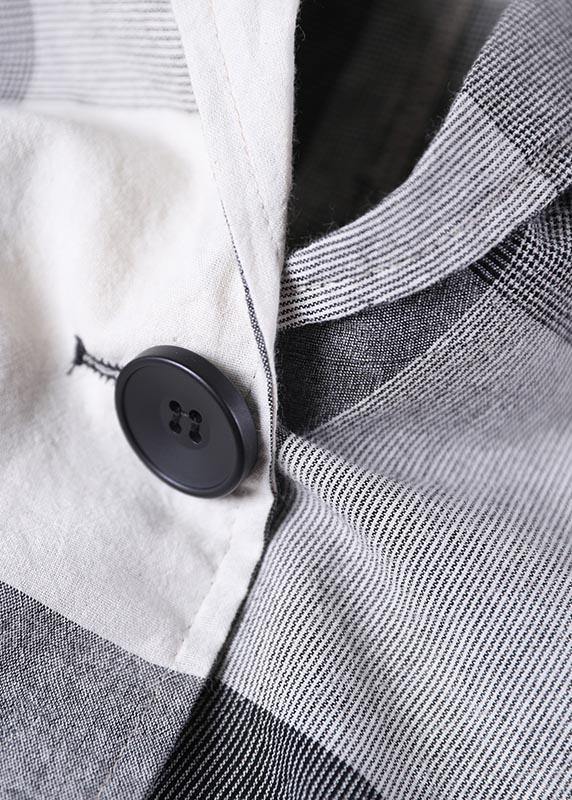 Art Black Plaid Cotton Linen Summer Coat - SooLinen