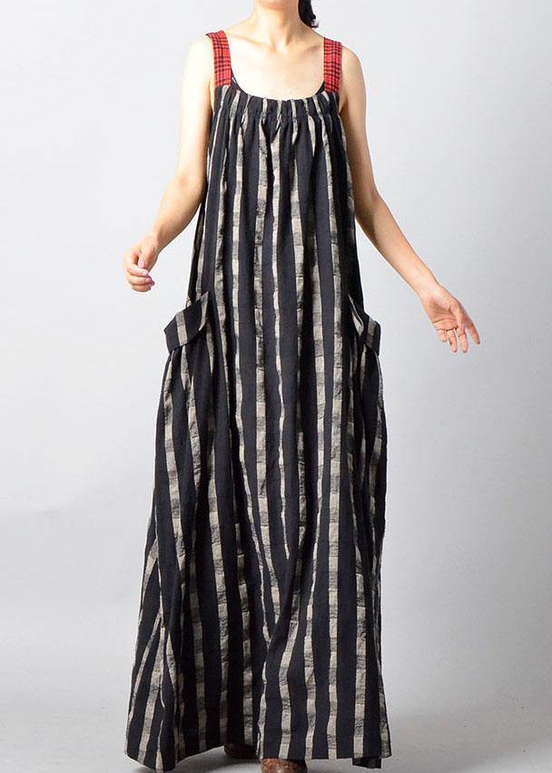 Art Black Plaid Patchwork Pockets Cotton Linen Summer Maxi Dresses - SooLinen