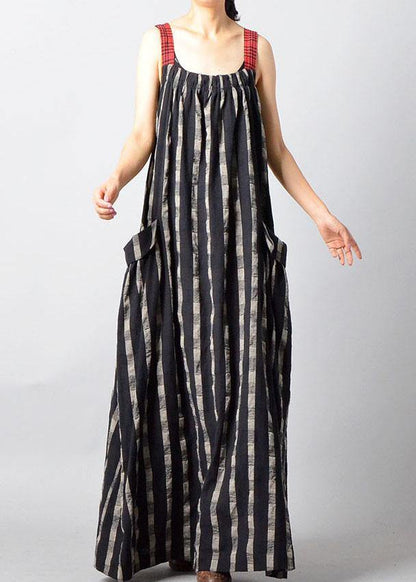 Art Black Plaid Patchwork Pockets Cotton Linen Summer Maxi Dresses - SooLinen