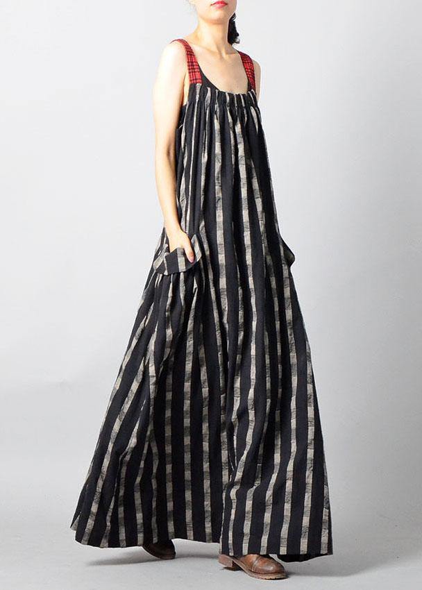 Art Black Plaid Patchwork Pockets Cotton Linen Summer Maxi Dresses - SooLinen