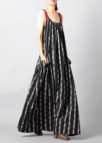Art Black Plaid Patchwork Pockets Cotton Linen Summer Maxi Dresses - SooLinen