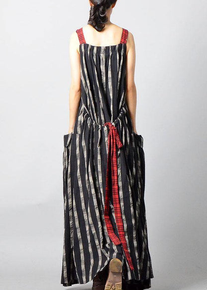 Art Black Plaid Patchwork Pockets Cotton Linen Summer Maxi Dresses - SooLinen