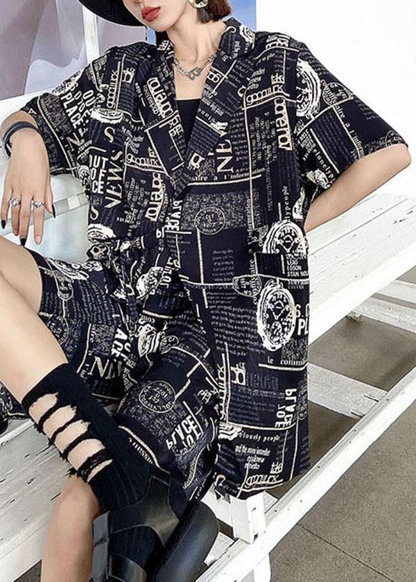Art Black Print Summer Cinched Linen Short Sleeve Two Piece Suit Set - SooLinen