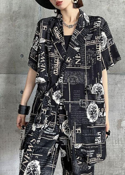 Art Black Print Summer Cinched Linen Short Sleeve Two Piece Suit Set - SooLinen