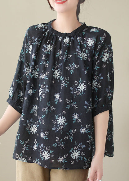 Camisa de ramio arrugada con estampado artístico negro de verano