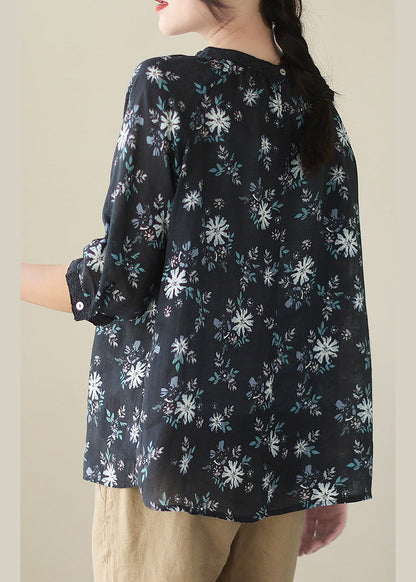 Camisa de ramio arrugada con estampado artístico negro de verano