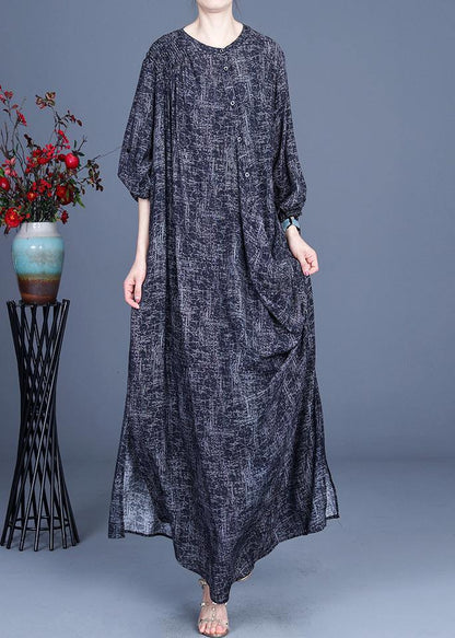 Art Black Print asymmetrical design side open Holiday Summer Spring Linen Dress - SooLinen