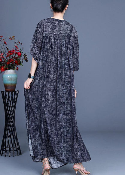 Art Black Print asymmetrical design side open Holiday Summer Spring Linen Dress - SooLinen
