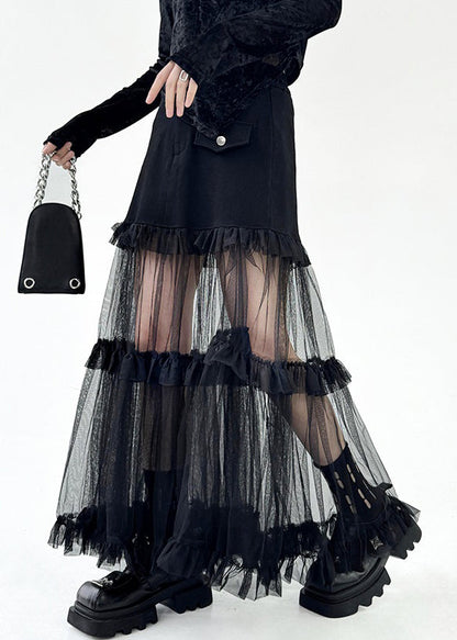 Art Black Ruffled Tulle Patchwork Skirt Summer
