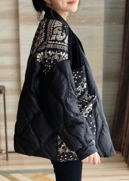 Kunst Schwarz Stehkragen Print Patchwork Reißverschluss Knopf Entendaunen Daunenmantel Winter