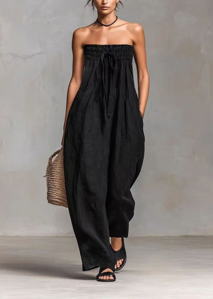 Art Black Strapless Drawstring Cotton Jumpsuits Sleeveless