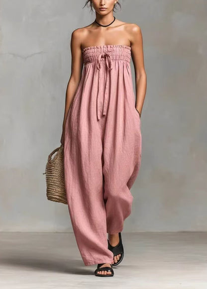 Art Black Strapless Drawstring Cotton Jumpsuits Sleeveless
