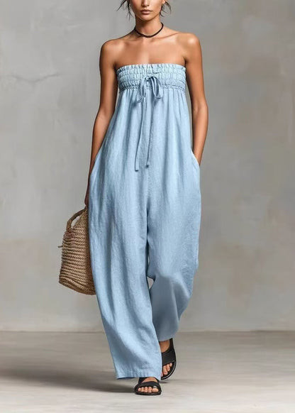 Art Black Strapless Drawstring Cotton Jumpsuits Sleeveless
