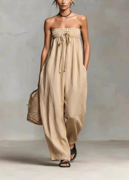 Art Black Strapless Drawstring Cotton Jumpsuits Sleeveless