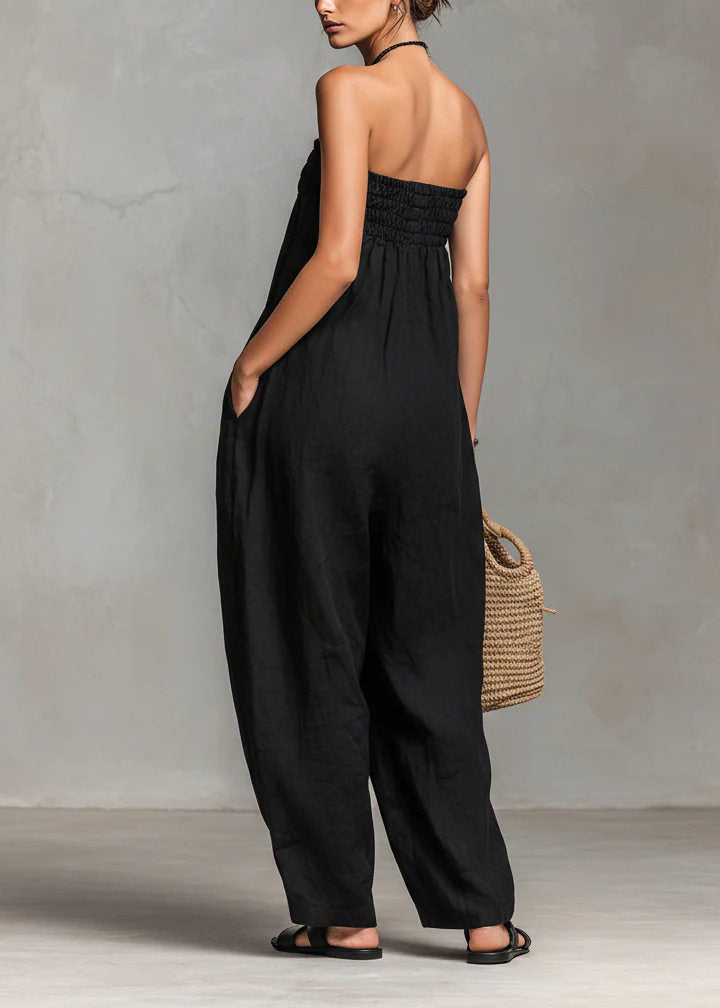 Art Black Strapless Drawstring Cotton Jumpsuits Sleeveless