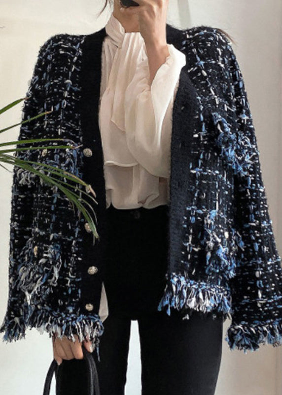 Schwarzer Strickmantel aus Baumwolle mit V-Ausschnitt, Knopftaschen, Frühlingskollektion