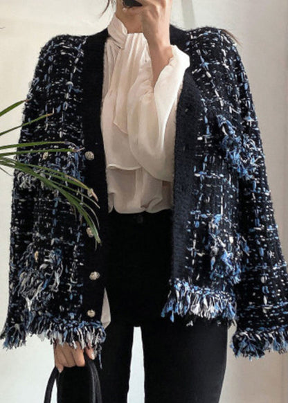 Schwarzer Strickmantel aus Baumwolle mit V-Ausschnitt, Knopftaschen, Frühlingskollektion