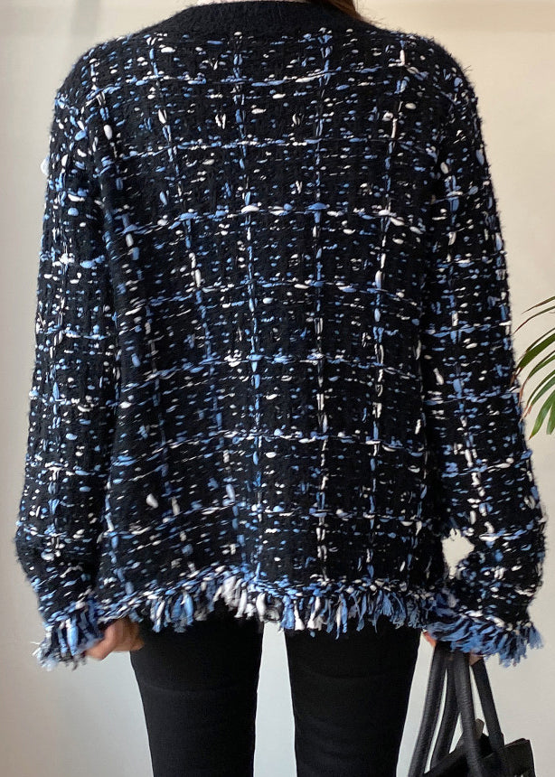 Schwarzer Strickmantel aus Baumwolle mit V-Ausschnitt, Knopftaschen, Frühlingskollektion