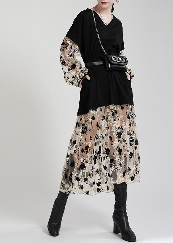 Kunst Schwarz V-Ausschnitt Patchwork Taschen Print Herbst Urlaub Kleider Langarm