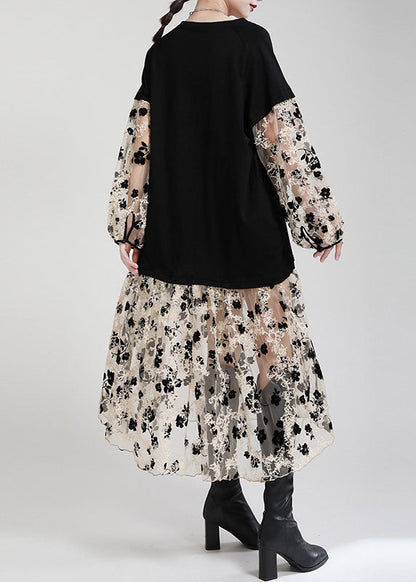 Kunst Schwarz V-Ausschnitt Patchwork Taschen Print Herbst Urlaub Kleider Langarm