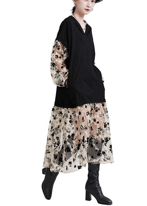 Kunst Schwarz V-Ausschnitt Patchwork Taschen Print Herbst Urlaub Kleider Langarm