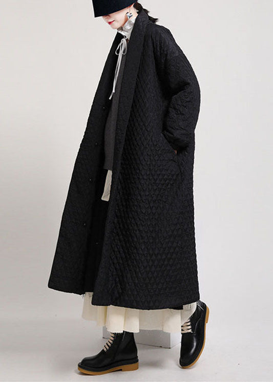 Art Schwarzer V-Ausschnitt Taschen Knopf Winter Baumwolle Langarmmantel