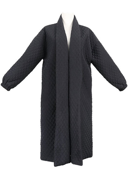 Art Schwarzer V-Ausschnitt Taschen Knopf Winter Baumwolle Langarmmantel