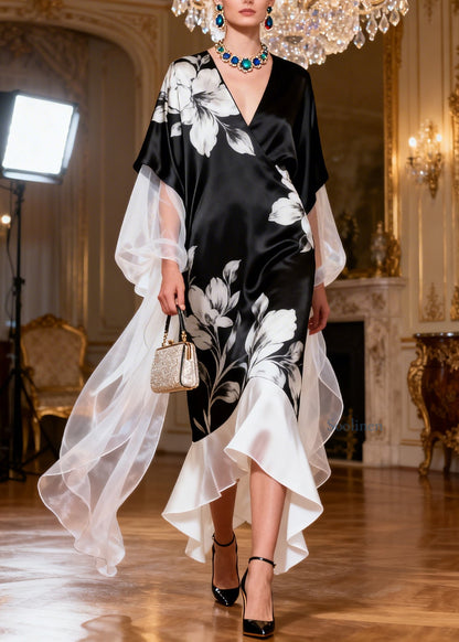 Art Black V Neck Print Patchwork Silk Dress Summer