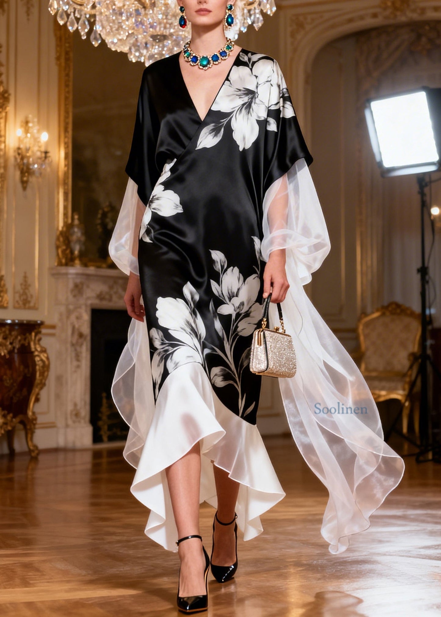 Art Black V Neck Print Patchwork Silk Dress Summer