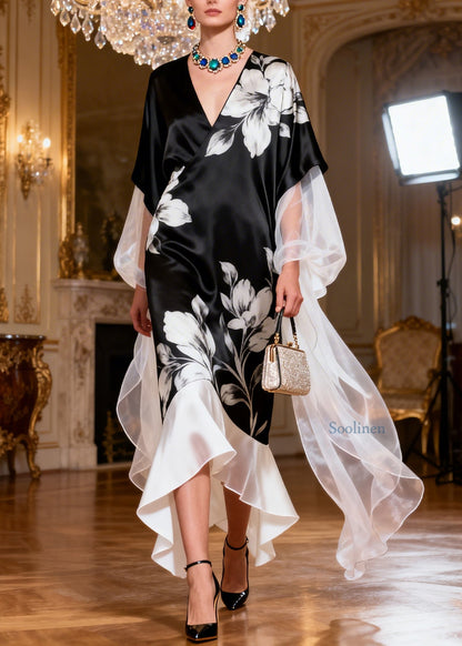 Art Black V Neck Print Patchwork Silk Dress Summer