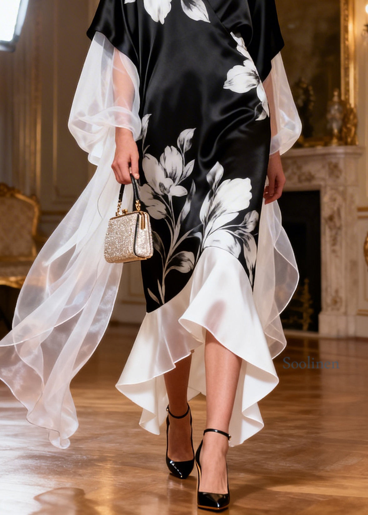Art Black V Neck Print Patchwork Silk Dress Summer