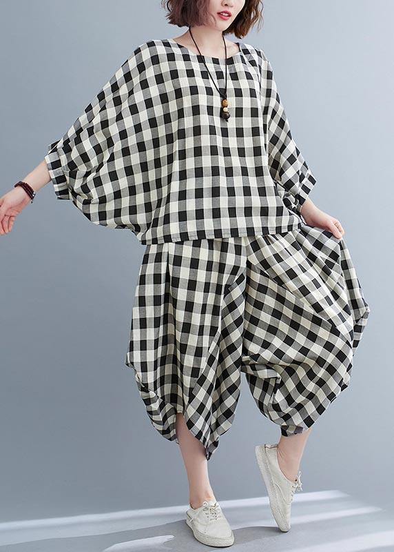 Art Black White Plaid Batwing Sleeve Two Piece Set Women Clothing Summer Cotton Linen - SooLinen