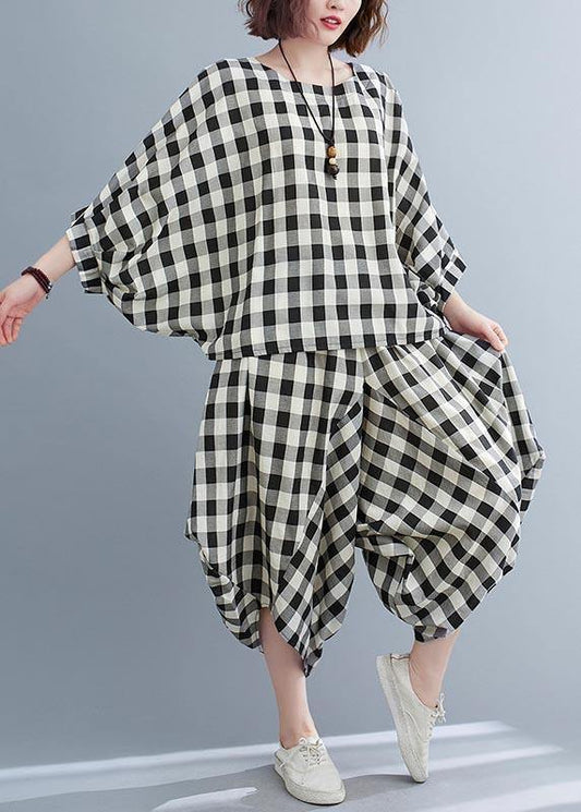 Art Black White Plaid Batwing Sleeve Two Piece Set Women Clothing Summer Cotton Linen - SooLinen