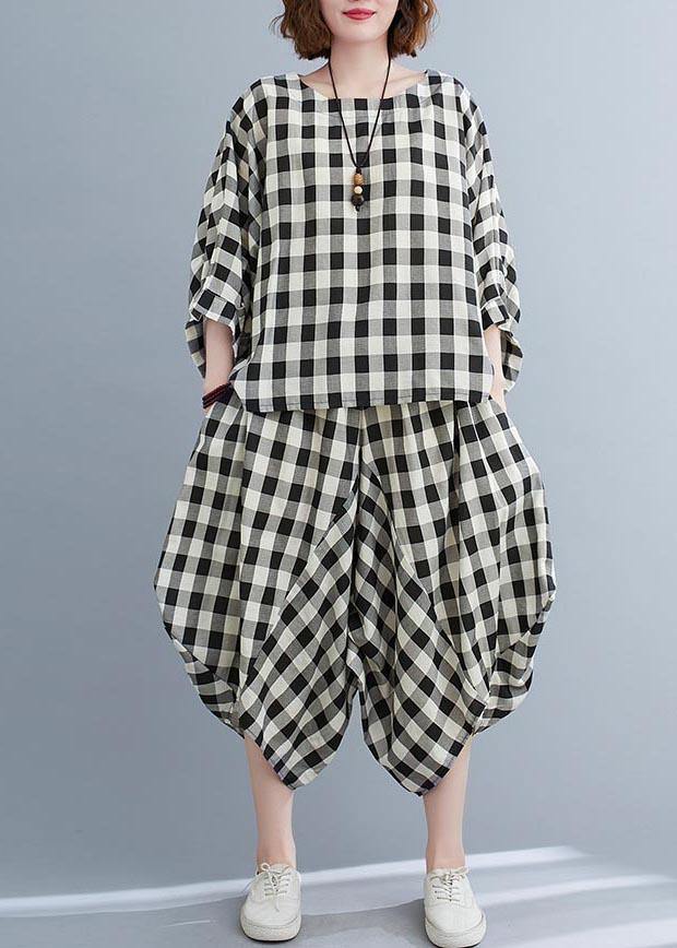 Art Black White Plaid Batwing Sleeve Two Piece Set Women Clothing Summer Cotton Linen - SooLinen