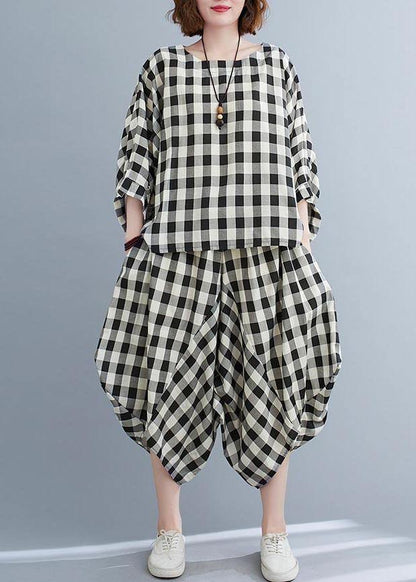 Art Black White Plaid Batwing Sleeve Two Piece Set Women Clothing Summer Cotton Linen - SooLinen