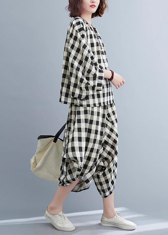 Art Black White Plaid Batwing Sleeve Two Piece Set Women Clothing Summer Cotton Linen - SooLinen