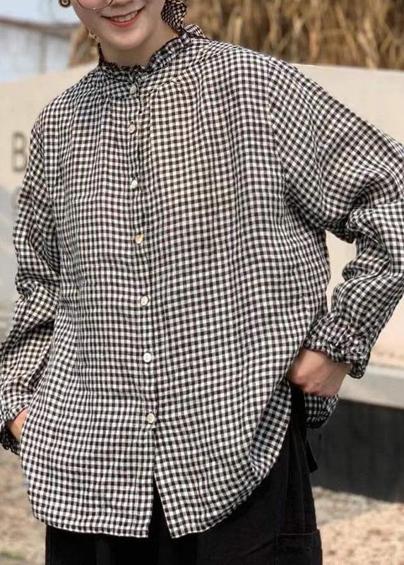 Art Black White Plaid Button Ruffled Fall Long sleeve Blouse Top - SooLinen