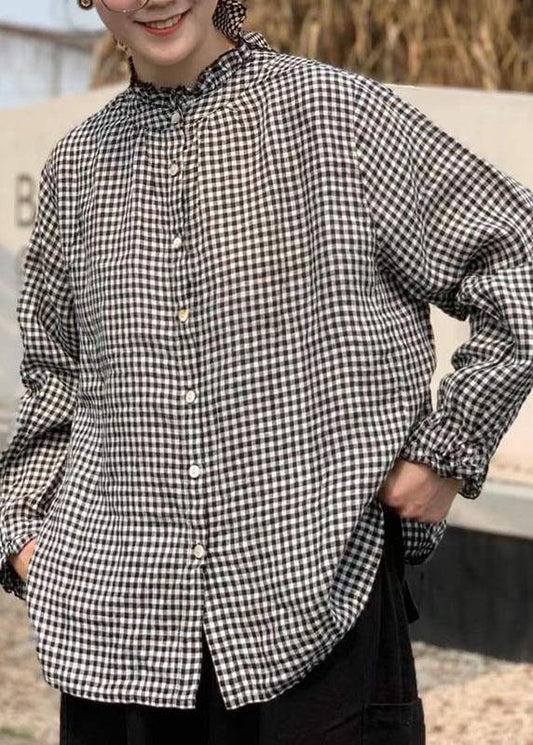 Art Black White Plaid Button Ruffled Fall Long sleeve Blouse Top - SooLinen